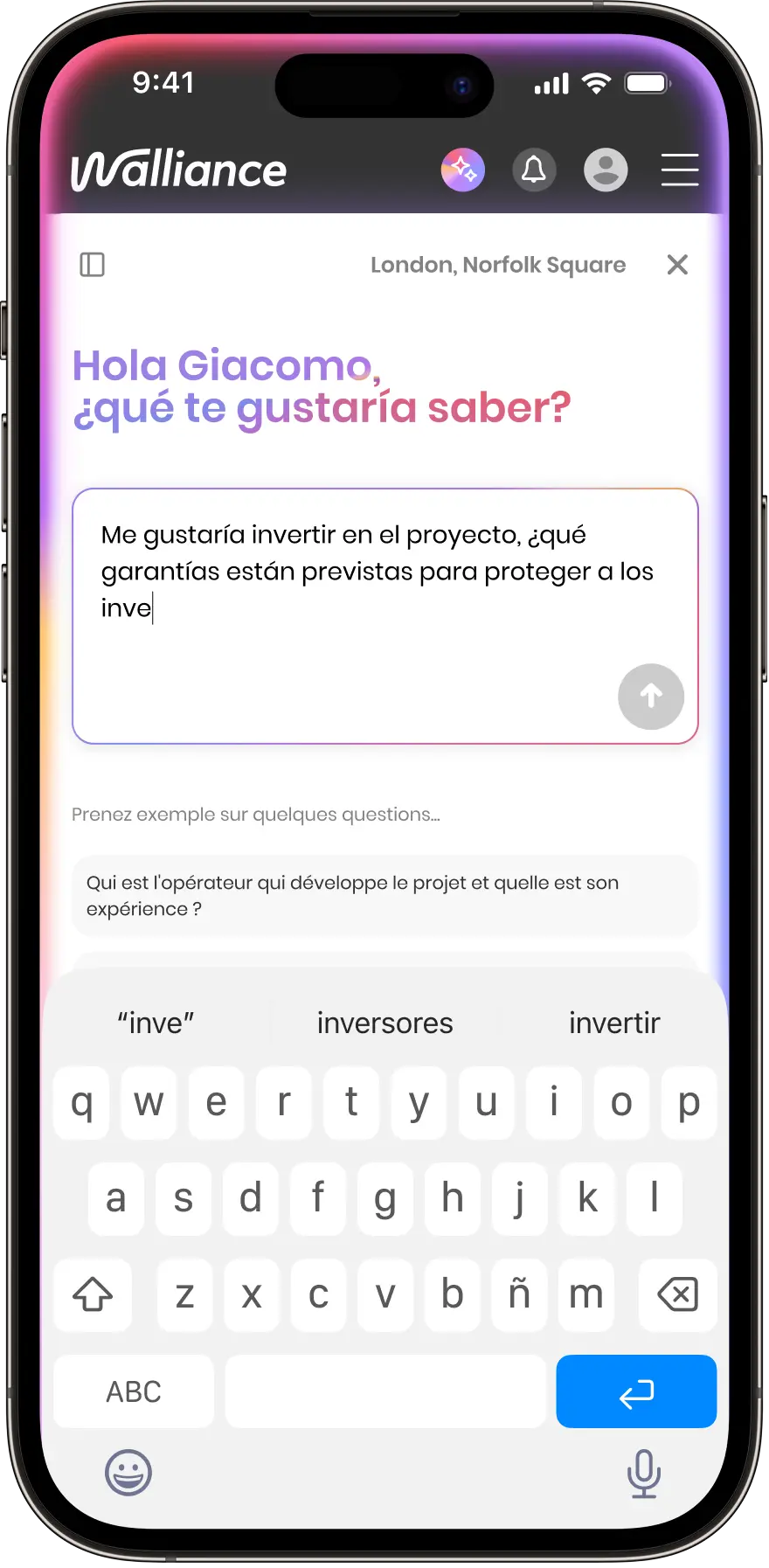 phone showing Walliance AI feature